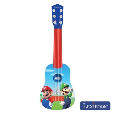 Violão infantil com tema Mario e Luigi, corpo azul e braço vermelho