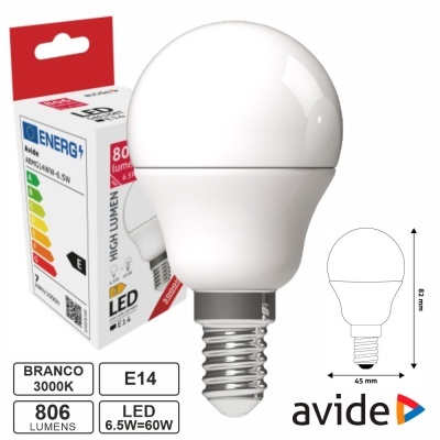 Lâmpada LED E14 Globo G45 6.5W 230V 3000K 806lm AVIDE