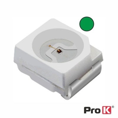 Componente LED quadrado branco com chip interno e círculo verde próximo ao logo Pro K