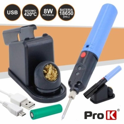 Ferro de soldar azul com suporte preto, esfregão de limpeza e bateria verde 18650