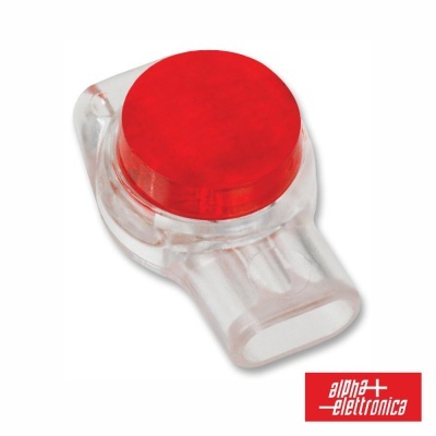 Botão de emergência vermelho com base transparente e marca alpha elettronica