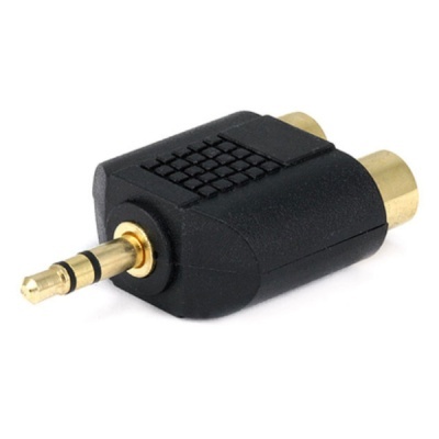 Adaptador de áudio preto com conector jack 3,5 mm e duas entradas RCA