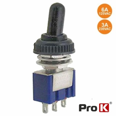 Interruptor alavanca azul e preto ProK com três terminais e texto técnico de voltagem