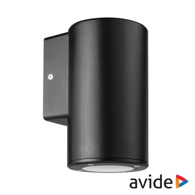 Luminária de parede preta cilíndrica com suporte retangular e lente circular