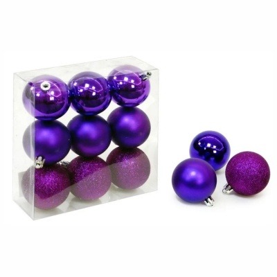 Conjunto de bolas de Natal roxas em diferentes texturas, caixa transparente.
