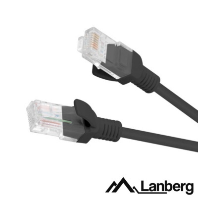Cabo de rede Ethernet preto com conectores RJ45 transparentes e logo Lanberg