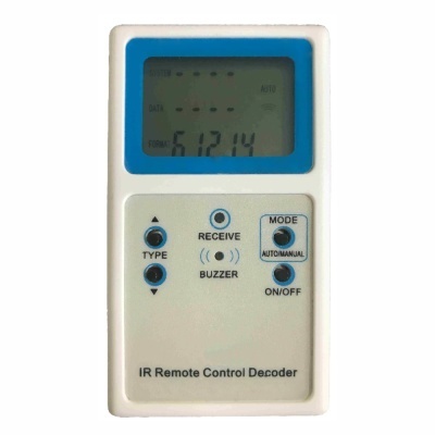 Controlo remoto descodificador IR branco com ecrã digital azul e botões rotulados