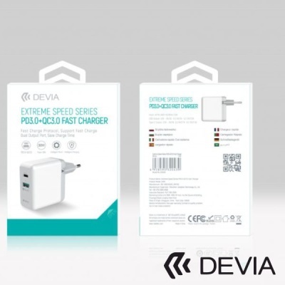 Carregador rápido branco DEVIA Extreme Speed PD3.0+QC3.0 em embalagem branca