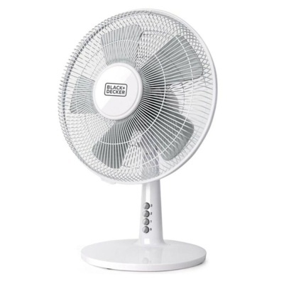 Ventoinha de mesa branca BLACK+DECKER com grelha metálica e três botões no suporte