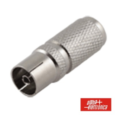 Conector coaxial metálico prateado com acabamento texturizado