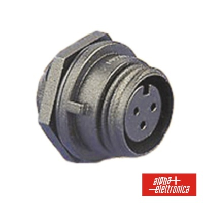 Conector circular metálico com 3 pinos e logótipo alpha elettronica