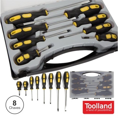 Conjunto de 8 chaves de fendas com cabo preto e amarelo numa caixa cinzenta