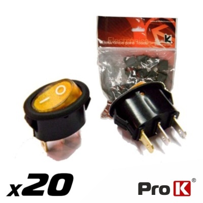 Interruptores Rocker circulares pretos com botão amarelo e símbolo I/O e embalagem da marca ProK