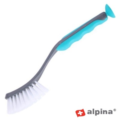 Escova de limpeza com cabo cinzento e azul e cerdas brancas