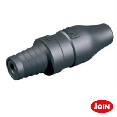 Conector preto de plástico com a palavra JOIN em relevo e logotipo JOIN vermelho