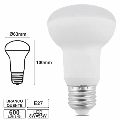 LÂMPADA E27 8W=55W 230V LED R63 BRANCO QUENTE 600LM