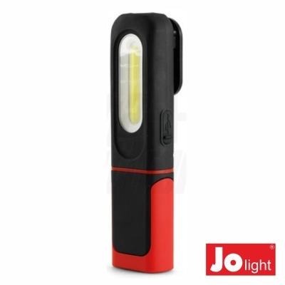 Lanterna portátil preta e vermelha com luz LED e botão lateral