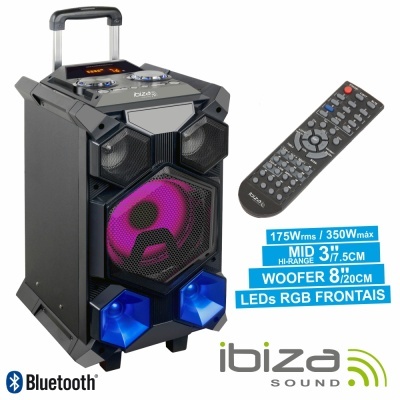 Coluna de som portátil preta com iluminação LED RGB frontal e comando remoto