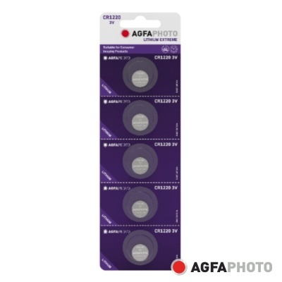 Pack de cinco pilhas AGFAPHOTO CR1220 3V em embalagem roxa