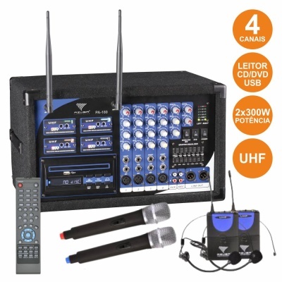 CENTRAL 4 MICROFONES S FIOS UHF + LEITOR CDDVD COMANDO