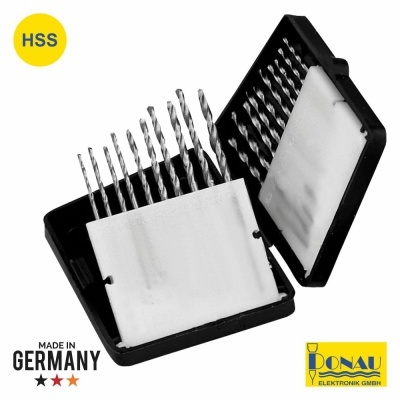 Conjunto de brocas HSS com 19 peças em caixa plástica preta e branca, texto MADE IN GERMANY e logótipo PONAU ELEKTRONIK GMBH