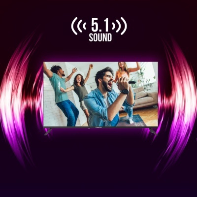 Imagem de ondas sonoras com texto 5.1 SOUND e foto de grupo de pessoas a dançar numa sala