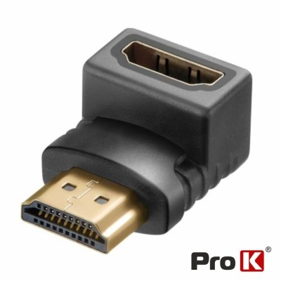 Adaptador HDMI de ângulo de 90 graus preto com conectores dourados e marca ProK