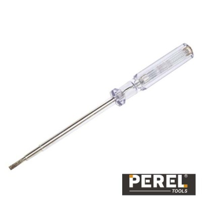 Chave de fendas Perel com cabo transparente e haste metálica, sobre fundo branco