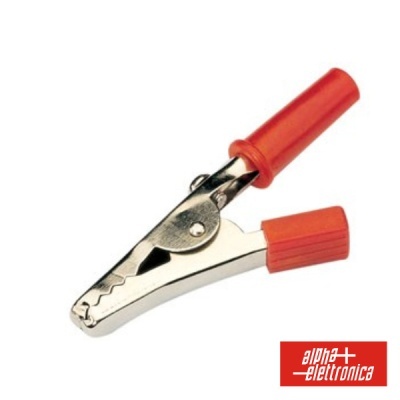 Grampo crocodilo metálico com pontas vermelhas e logo alpha elettronica