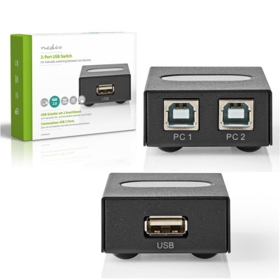 Comutador USB 2 portas preto com embalagem branca e verde