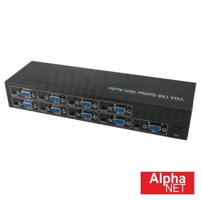 Extensor VGA preto com várias portas VGA azuis e texto branco no topo.