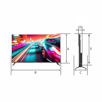 Televisão moderna com ecrã plano e esquema técnico de dimensões