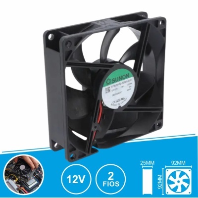 Ventoinha de arrefecimento preta para computador com etiqueta verde SUNON e especificações 92x92x25MM