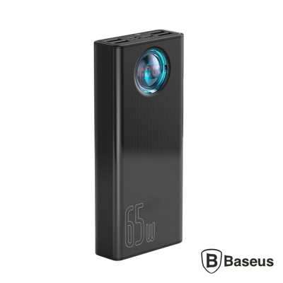 Power bank preto Baseus com led azul e 65w impresso