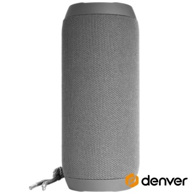 Coluna portátil de áudio sem fios cinzenta com cordão e logótipo Denver