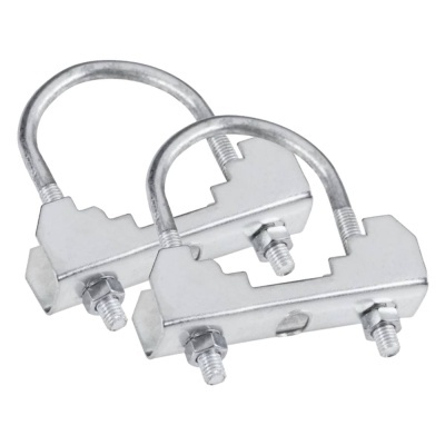 Dois grampos metálicos em forma de U com parafusos ajustáveis