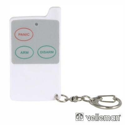 Comando remoto branco com botões PANIC, ARM e DISARM e chaveiro