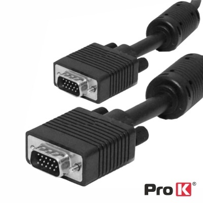 Cabos VGA pretos com conectores de 15 pinos e logotipo ProK
