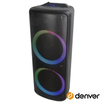 Coluna de som portátil preta com luzes LED coloridas e ecrã digital