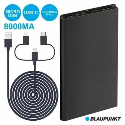 POWERBANK 8000MA C 3 FICHAS E CABO PRETO BLAUPUNKT