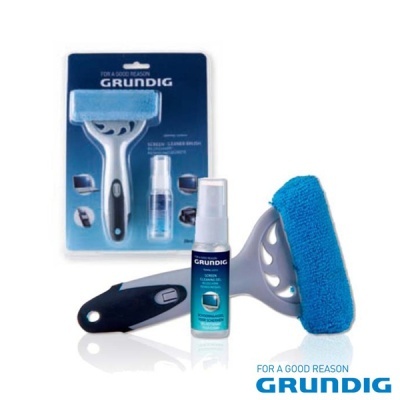 Kit de limpeza para ecrãs com escova cinzenta com microfibra azul e spray