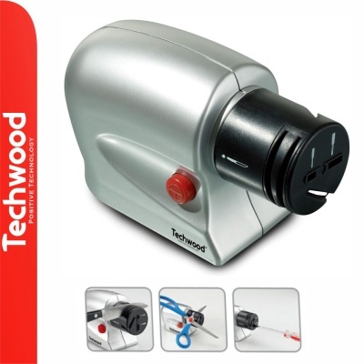 Afiador elétrico de lâminas Techwood prata e preto com botão vermelho