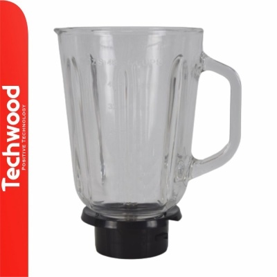 Jarro de liquidificador de vidro transparente com pega e base preta