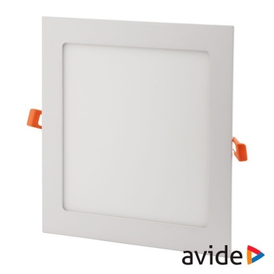 Painel de luz LED quadrado branco com presilhas laranjas e logo avide colorido