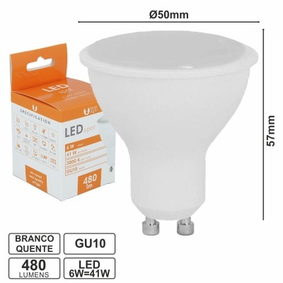 Lâmpada LED Spot branca quente com base GU10 e embalagem