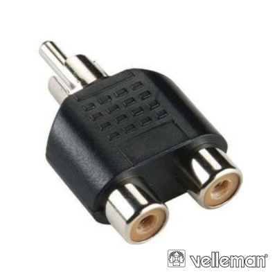 Adaptador RCA preto com uma ficha macho e duas tomadas fêmea da Velleman