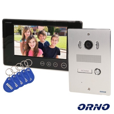 Intercomunicador ORNO com monitor digital e unidade exterior em metal prateado