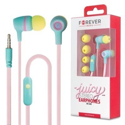 Auriculares coloridos em azul, amarelo e rosa com cabo rosa e embalagem