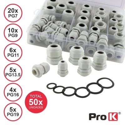 Conjunto de 50 prensa-cabos brancos de vários tamanhos com anéis de vedação em caixa plástica transparente