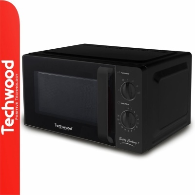 Micro-ondas preto Techwood com visor e botões de controlo